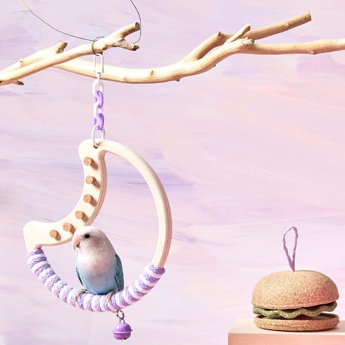 Natural Bird Swing - Moon-Shaped Parrot Perch with Bell and Cork Toys, Spinning Wooden Stand for Parakeets, Budgies