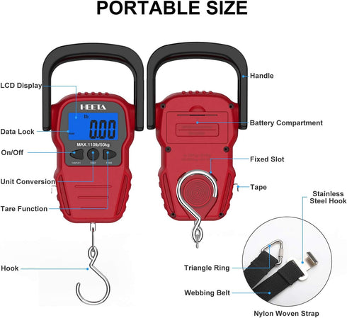HEETA Fish Scale with Backlit LCD Display, Up to 110lb/50kg Digital Portable Hanging Weight Scale with Hook & Tape