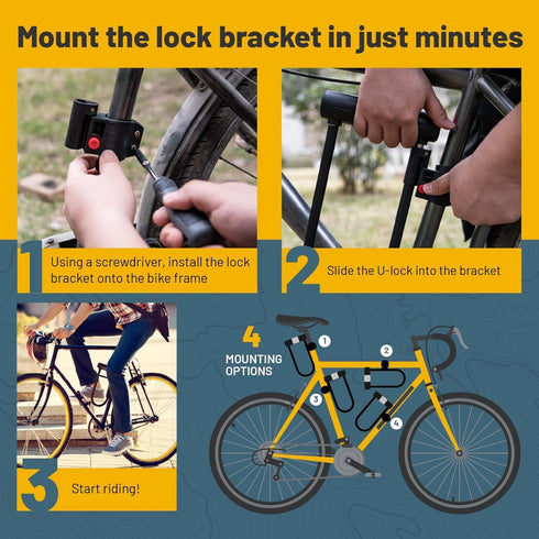 Sigtuna Bike U Lock, Extra Long Heavy Duty Anti Theft, 16mm Bicycle Lock with Shackle, Mounting Holder, and 4ft Cable