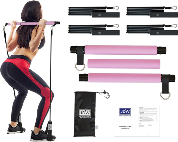 JDW Enterprises Pilates Bar Kit, 2 Standard & 2 Strong Bands for Full-Body Workout, Storage Bag Included