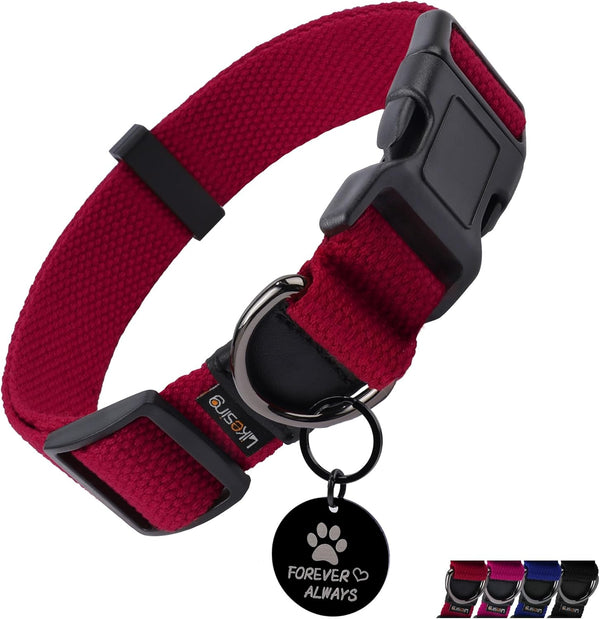 Medium Dog Collar for Mini Dogs, Cotton Collar with Buckle, D-Ring, and Removable Tag (13.7"-19.7" L, 1" W)
