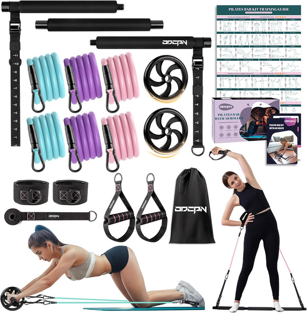 Pilates Bar Kit with Resistance Bands, Multifunctional Exercise Bar with Ab Roller for Weight Loss, Portable Home Gym