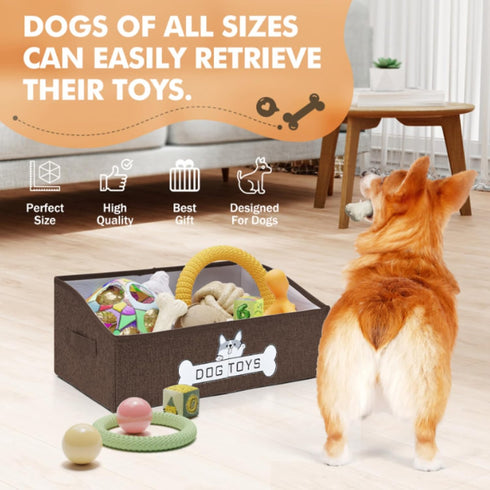 Dog Toy Basket, Collapsible Dog Toy Box with Handle for Pet Toy Storage, Perfect for Storing Accessories (Brown)