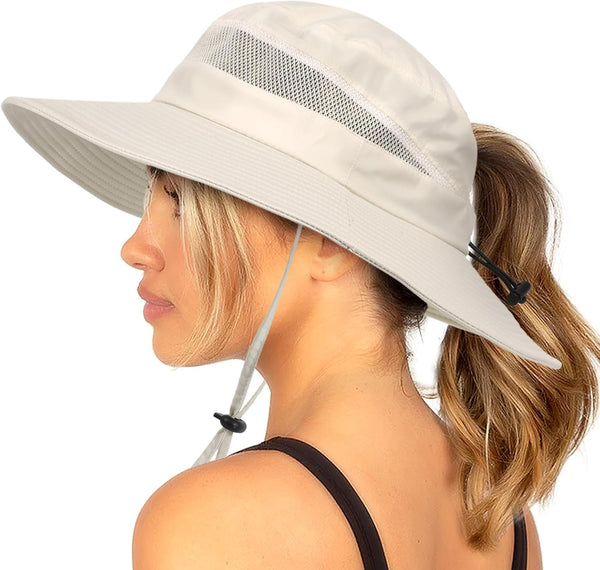 Waterproof Bucket Sun Hat for Women, Wide Brim Breathable Mesh UPF50+ Safari Hat with Criss Cross Ponytail Hole