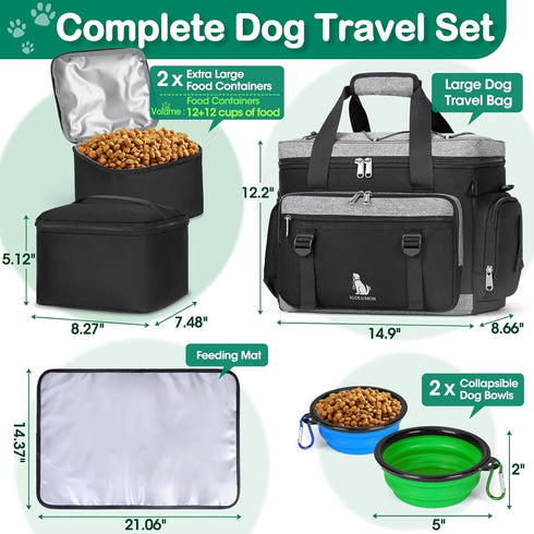 IGOLUMON Large Dog Travel Bag Set, Multi-Pockets Tote Organizer with 2 Food Containers and Bowls