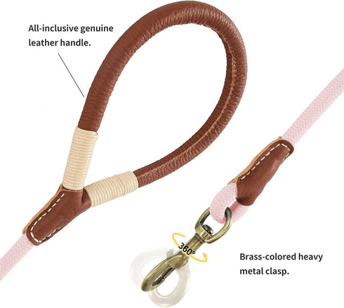Mile High Life Dog Leash | 5 Feet Strong Rope with Premium Leather Handle | Heavy Duty Clasp | Pink for Small Medium