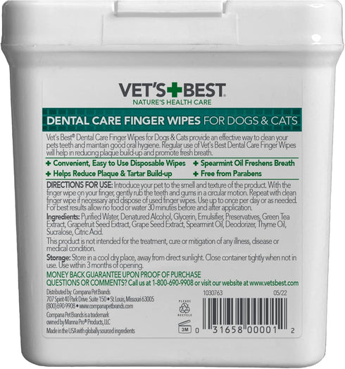 Vet's Best Dental Care Finger Wipes, 50 Count, Reduces Plaque & Freshens Breath for Dogs & Cats