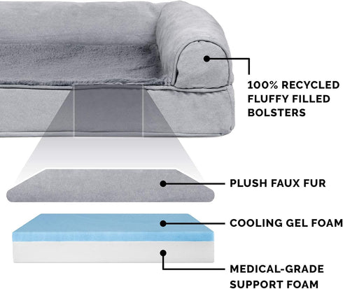 Furhaven Cooling Gel Dog Bed for Medium/Small Dogs with Removable Bolsters & Washable Cover, Plush & Suede Sofa, Gray,