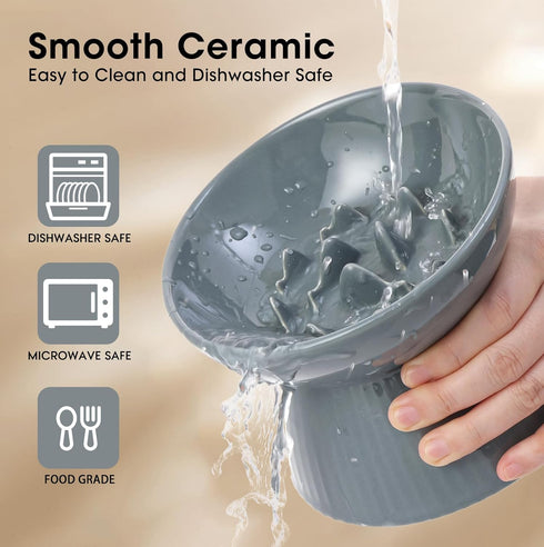 Elevated Slow Feeder Bowl for Cats and Small Dogs, Ceramic Anti-Tipping & Spill-Proof, Easy to Clean, No Black Chin