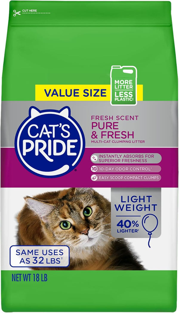 Cat's Pride Premium Lightweight Clumping Litter, 18 Pounds, Multi-Cat, Scented, Pure & Fresh - Up to 10 Days Odor