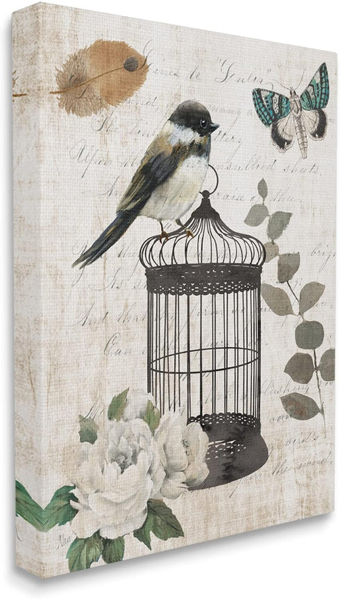 Stupell Industries Vintage Bird Cage Butterfly Floral Script Words Canvas Wall Art, Design By Nan