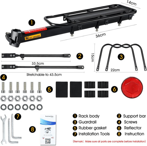 West Biking Adjustable Bike Cargo Rack - 110Lb Capacity, Cycling Equipment Stand, Reflective Logo