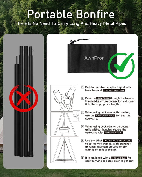 BackpackingCamping,Hiking,Fishing,wilderness Campfire Tripod,Portable Triangle Grill Camping Tripod for Cooking Fire