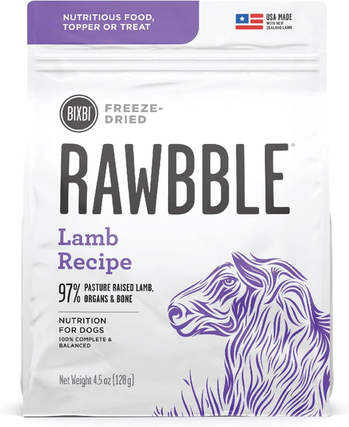 BIXBI Rawbble Freeze Dried Dog Food, Lamb Recipe, 4.5 oz - 97% Meat and Organs, No Fillers, USA Made in Small Batches
