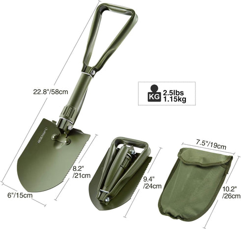 REDCAMP 22.8'' Military Folding Camping Shovel, High Carbon Steel Entrenching Tool Tri-fold Handle Shovel with Cover