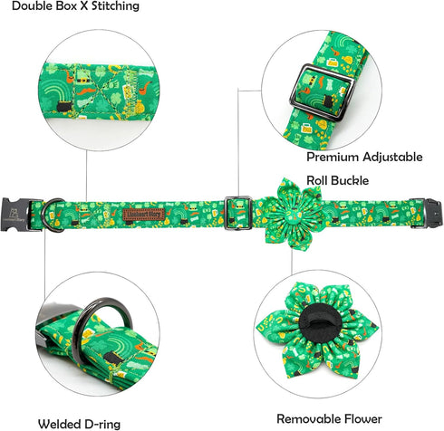 Lionheart glory St. Patrick's Day Dog Collar with Flower Dog Collar for X-Large Dogs, Green Collars Lucky Clover Shamrock Dog Collar Flower Pet Collar Bows Heavy Duty