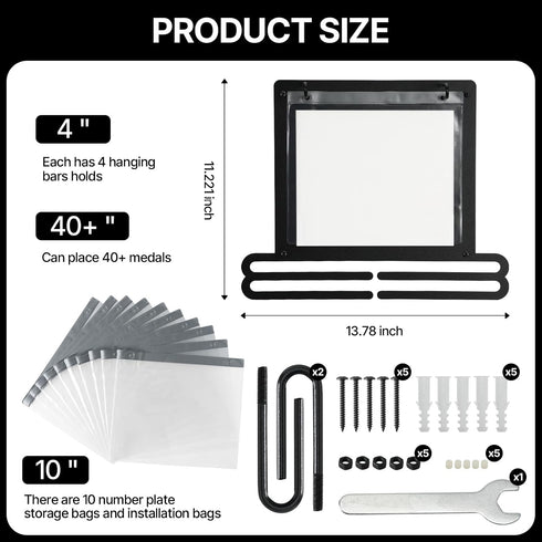 Kamnowal 10 20 40 Race Medal and Bib Display Wall Mounted Rack, Heavy Duty Metal Hanger with Clear Bib Holders, Holds