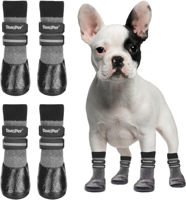 BINGPET Anti-Slip Dog Socks, Waterproof Paw Protectors with Reflective Straps, 4pcs Dog Boots for All Season
