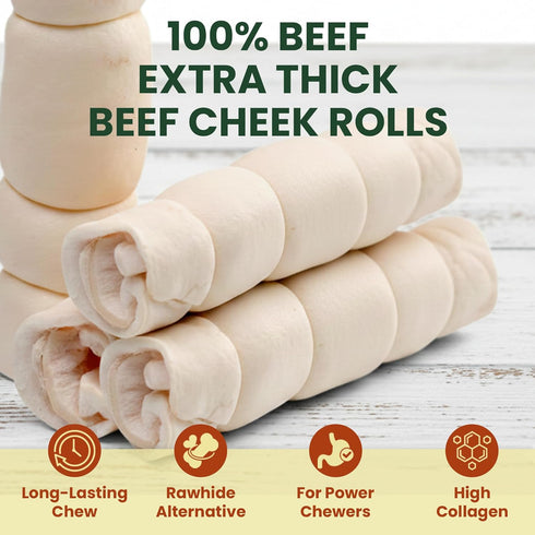 3 Pack 10 Inch Beef Cheek Rolls Extra Thick for Large Dogs Digestible Rawhide Alternative Chews, Long Lasting Dental