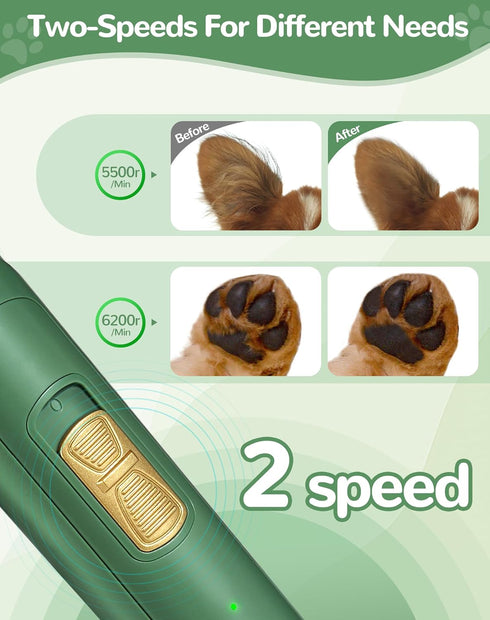 LEYOUFU Dog Clippers for Grooming - 2 Speed Low Noise Cordless Trimmer for Small Pets, Green
