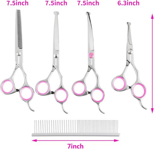 Set, 4CR 5 GEMEK Dog Grooming Scissors Stainless Steel Safety Round Tip Pet Professional Grooming Tool Pieces Kit