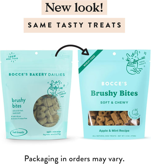 Bocce's Bakery Dailies Brushy Bites Dog Treats - Wheat-Free Wellness Support, Apple & Mint Recipe, 6 oz