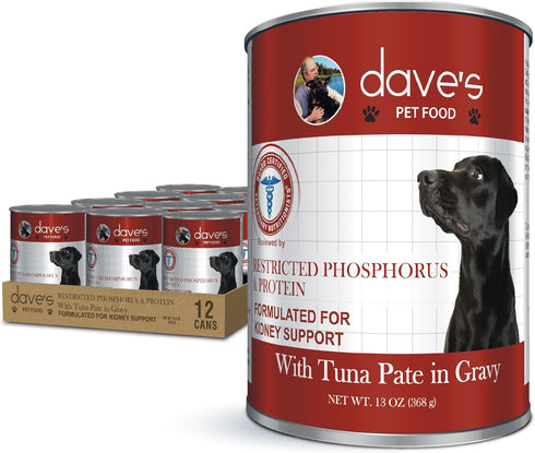 Dave's Pet Food Kidney Support for Dogs, Tuna Pate, Wet Renal Dog Food, Non-Prescription Low Phosphorus, 13.2 oz (Pack