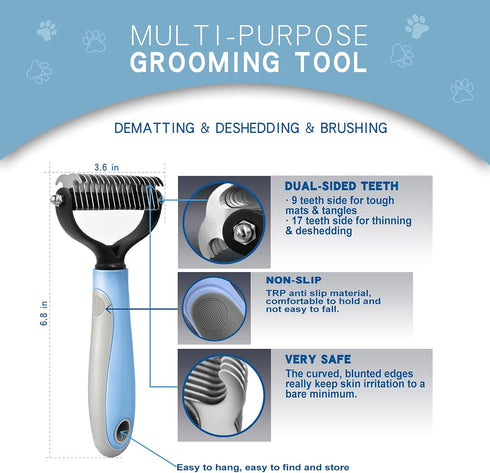 Deshedding Dog Brush - Undercoat Rake for Cats & Dogs - Double Sided Brush for Shedding and Dematting Comb Grooming