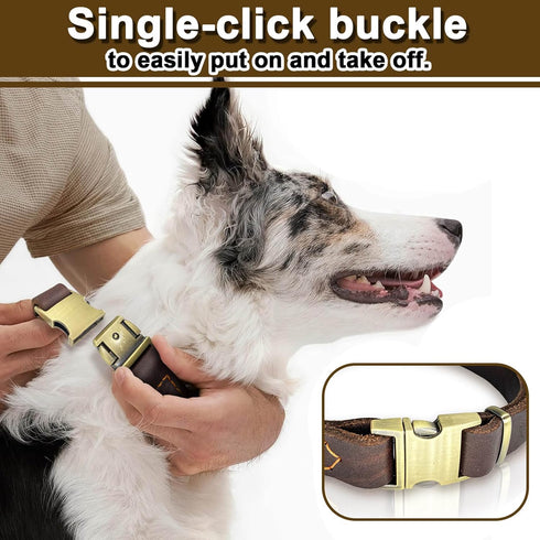 Leather Dog Collar with Metal Quick Release Buckle, Heavy Duty Adjustable Genuine Cowhide for Small Medium Large Dogs