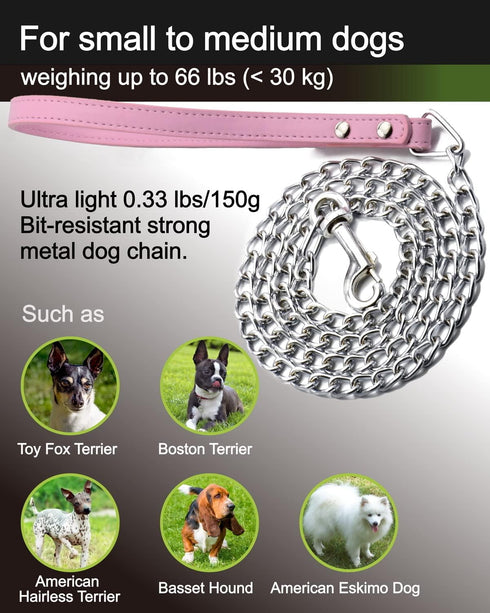 Dog Leash, Metal Pet Leash with Comfortable PU Leather Handle for Small and Medium Dogs, 4 FT (Pink)