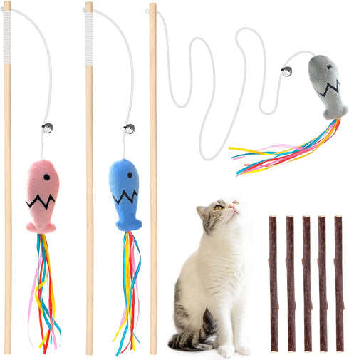 Fashion&cool Cat Wand Toy - 3pcs 16 Inch Natural Wooden Teaser with 5 Pcs Silvervine Sticks for Indoor Cats