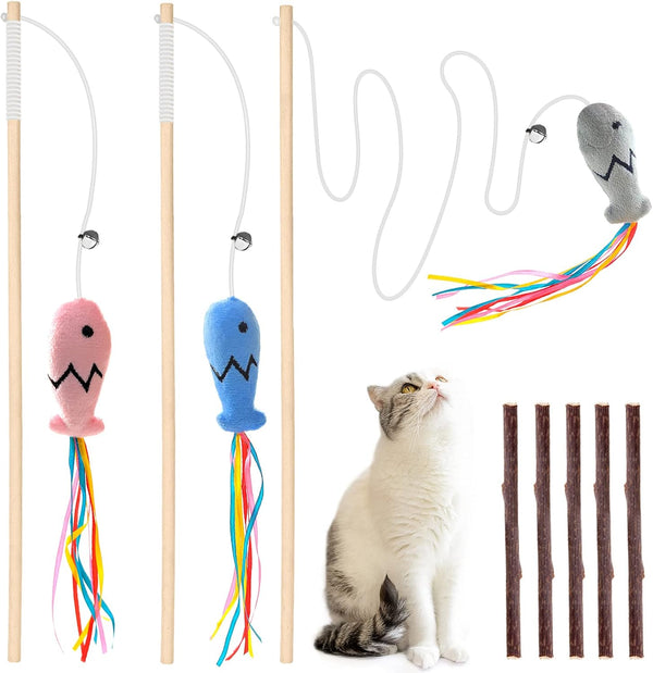 Fashion&cool Cat Wand Toy - 3pcs 16 Inch Natural Wooden Teaser with 5 Pcs Silvervine Sticks for Indoor Cats