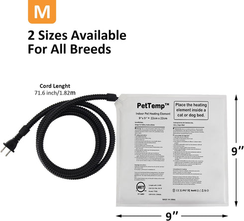 Pet Bed Warmer, Heating Pad to Insert Inside, Waterproof Chew Resistant Cord (M:9'' x 9'')