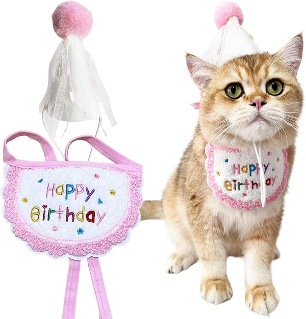 KOOBURS Cute Pet Birthday Costume Bandana Scarf Bib and Hat Set for Cat