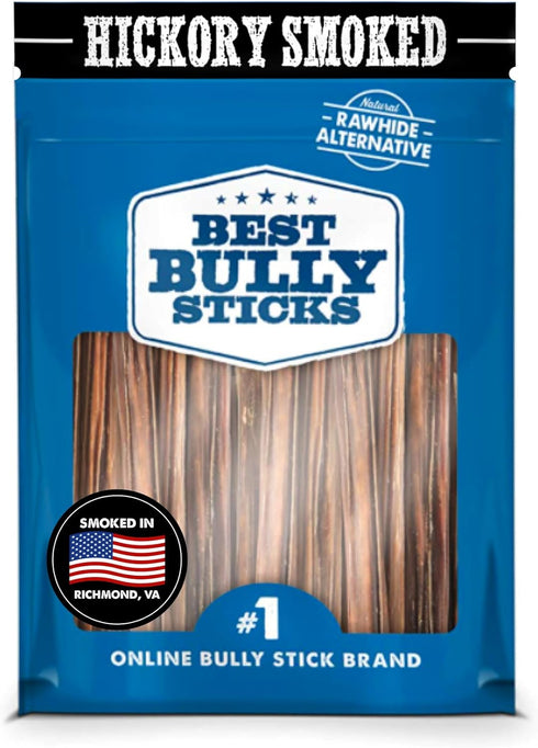 Best Bully Sticks Premium 6 Inch Thin Bully Sticks for Dogs - 100% Natural Hickory Smoked, Odor Free, 24 Pack