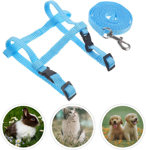 Adjustable Pet Rabbit Harness - Nylon Bunny Harness and Leash for Walking, Running, Outdoor (Blue) Medium