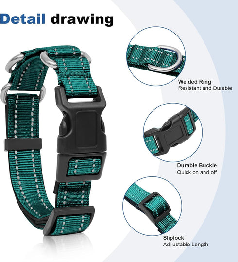 Reflective Martingale Dog Collar with Quick Release Buckle, Adjustable Soft Padded Nylon Collar for All Dogs
