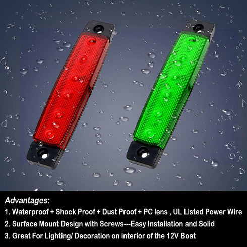 Navigation Lights, LED Stern and Marine Strip Lights for Boat Bow, Kayak, DC 12V, 2PCS (Red and Green)