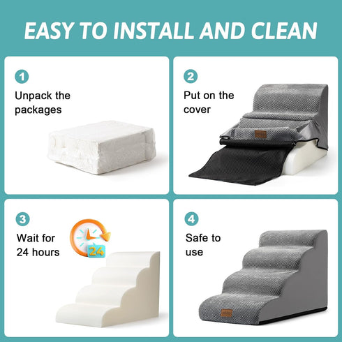Dog Stairs for Couch or Low Bed, Small Dogs Ramp with Leakproof Fabric Cover, Non-Slip Foam Pet Steps, Grey, 3 Tiers