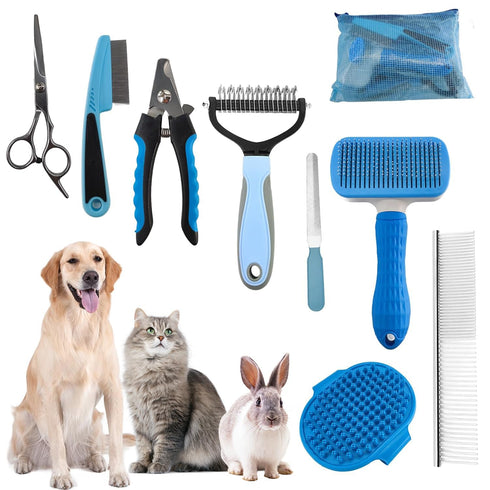 Dog Brush for Shedding - 9 PCS Pet Slicker Hair Brush Kit with Nail Clipper and File for All Dogs Cats, Blue