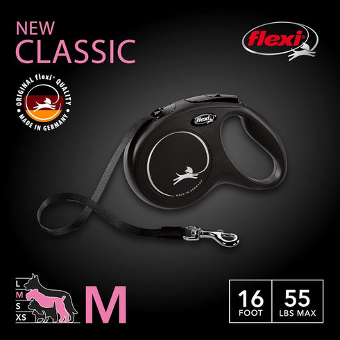 Flexi Classic Retractable Tape Dog Leash, 16Ft for Medium Dogs up to 55 lbs, Black