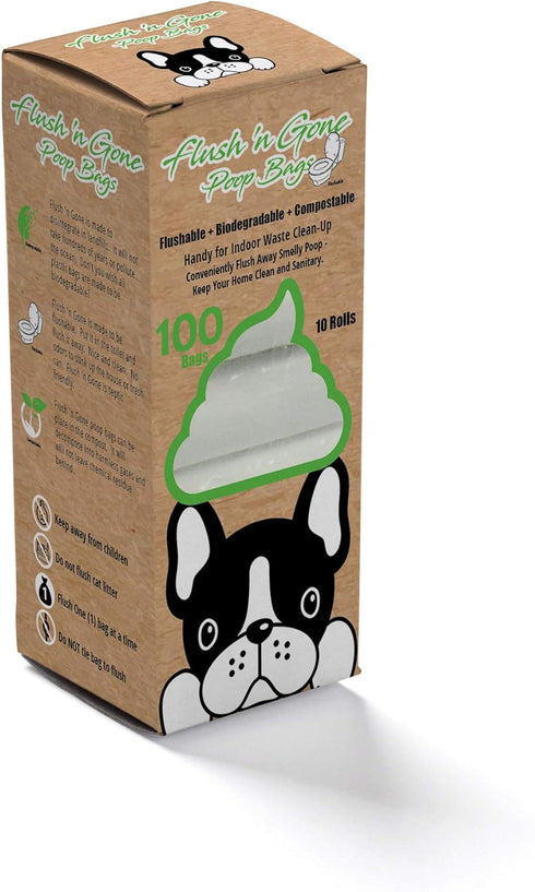 PetBro Flush 'n Gone Poop Bag - 10 rolls (100 Bags) - Biodegradable,