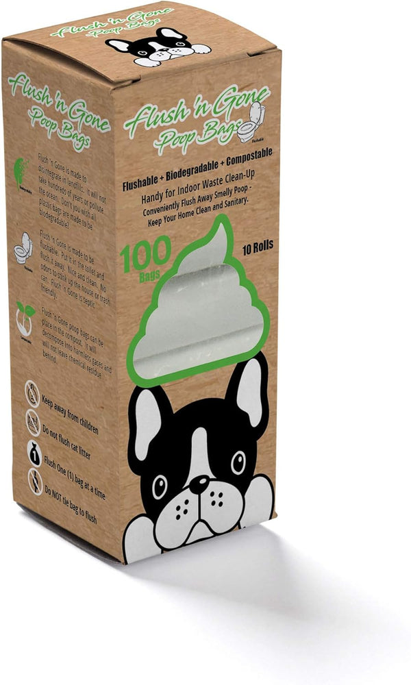 PetBro Flush 'n Gone Poop Bag - 10 rolls (100 Bags) - Biodegradable,