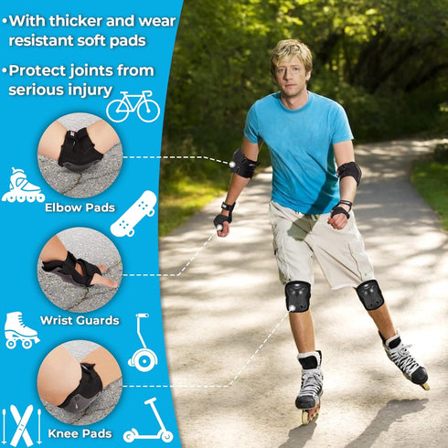 SKT HP Protective Gear Set for Adults: Knee Pads, Elbow Pads & Wrist Guards for Inline Skating, Biking, Skateboarding