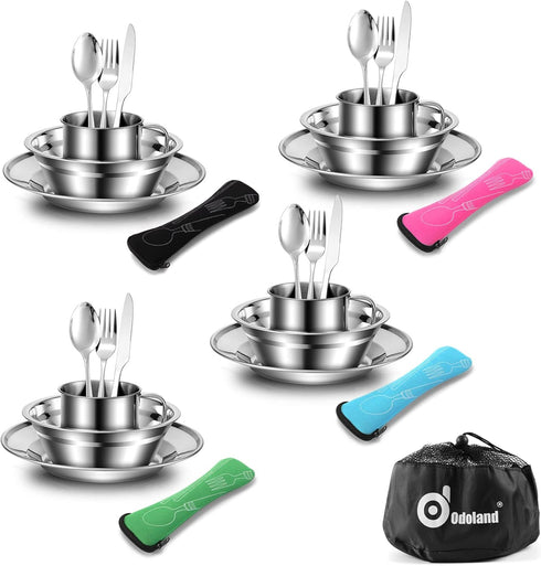 Odoland 29pcs Stainless Steel Utensils Camping Tableware Kit, Cutlery Set for 4, Outdoor Camping, Hiking, Picnic