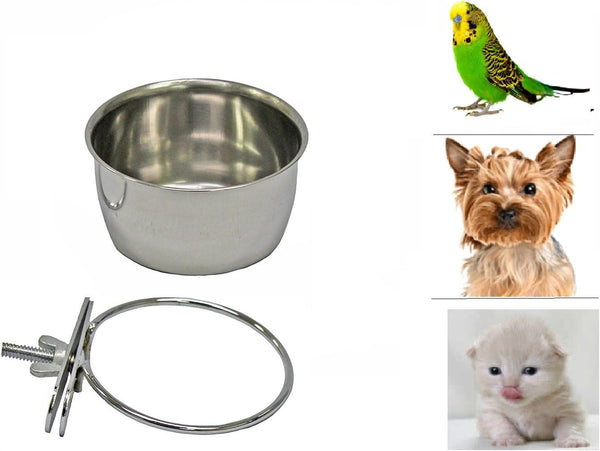 Stainless Steel Coop Cups with Clamp Holder for Dogs - Hanging Bowl, Metal Food Water Feeder for Small Animals