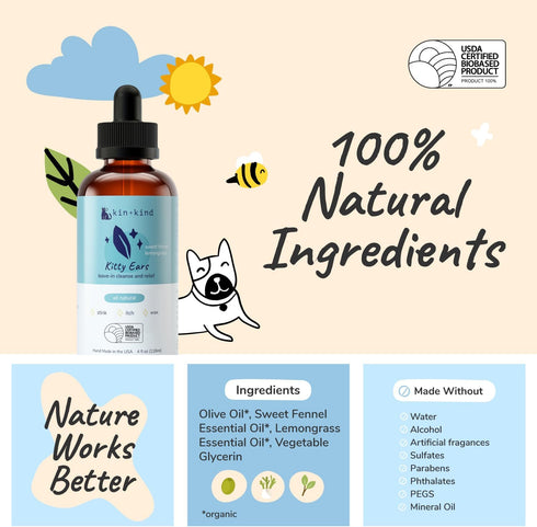 kin+kind Cat Ear Cleaner - Natural Cat Ear Drops, Vet Solution for Wax, Odor and Itchy Irritation, Made in USA