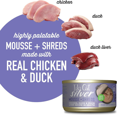 Tiki Cat Silver Comfort Mousse + Shreds, Chicken & Duck and Duck Liver, Immune Support for Older Cats Aged 11+, 2.4 oz