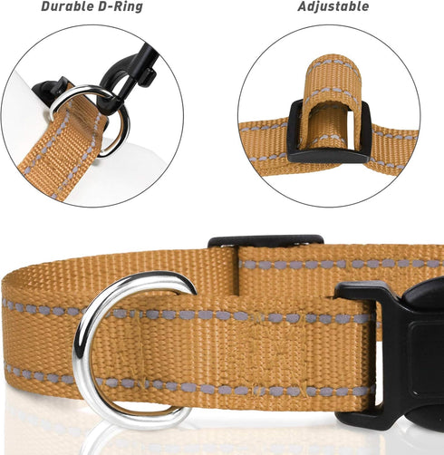 TagME Reflective Nylon Dog Collars, Adjustable Classic Dog Collar for Small Dogs, Khaki, 5/8" Width