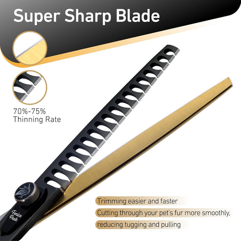 Fenice Peak 7'' Black Dog Grooming Scissors - Golden Chunker Blending Shears with Ergonomic Offset Handle